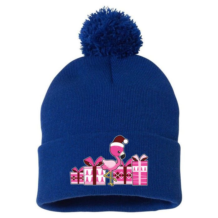 Pink Flamingo With Presents Cute Flamingo Christmas Cool Gift Pom Pom 12in Knit Beanie