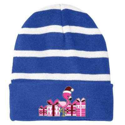 Pink Flamingo With Presents Cute Flamingo Christmas Cool Gift Striped Beanie with Solid Band