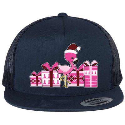 Pink Flamingo With Presents Cute Flamingo Christmas Cool Gift Flat Bill Trucker Hat