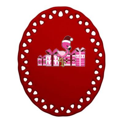 Pink Flamingo With Presents Cute Flamingo Christmas Cool Gift Ceramic Oval Ornament