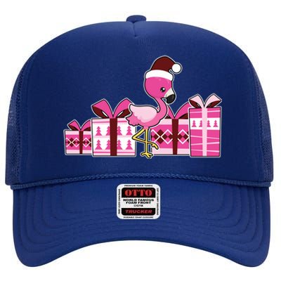 Pink Flamingo With Presents Cute Flamingo Christmas Cool Gift High Crown Mesh Back Trucker Hat