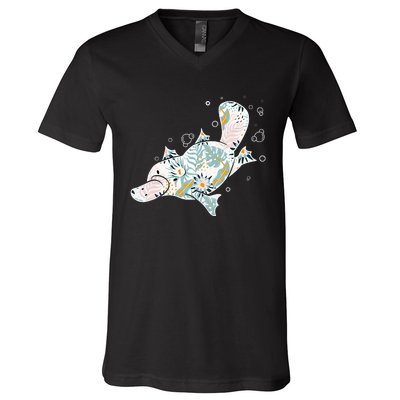 Platypus Floral Zookeeper Animal Lover Marine Biologist V-Neck T-Shirt