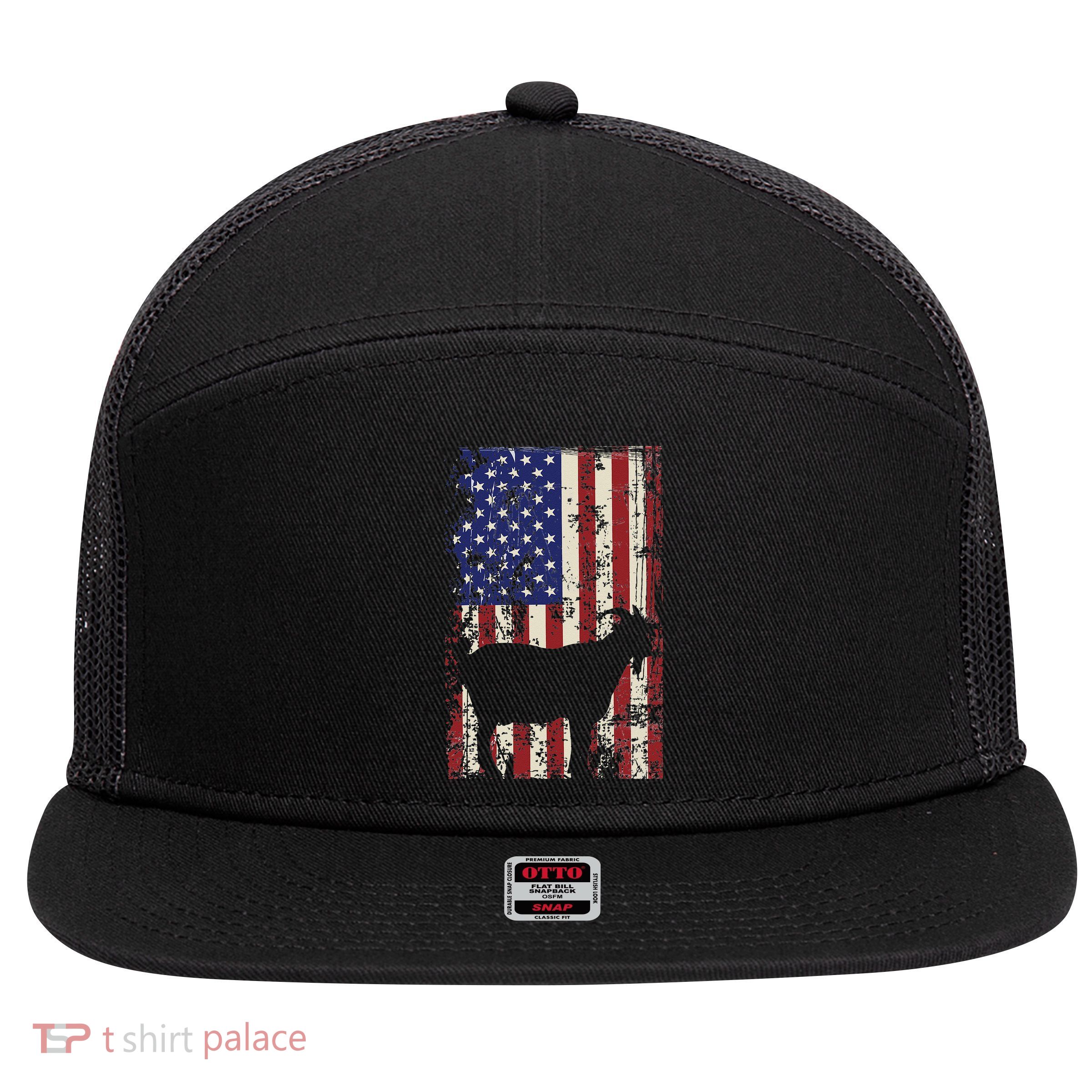 Patriotic Goat 4th of July American Flag 7 Panel Mesh Trucker Snapback Hat