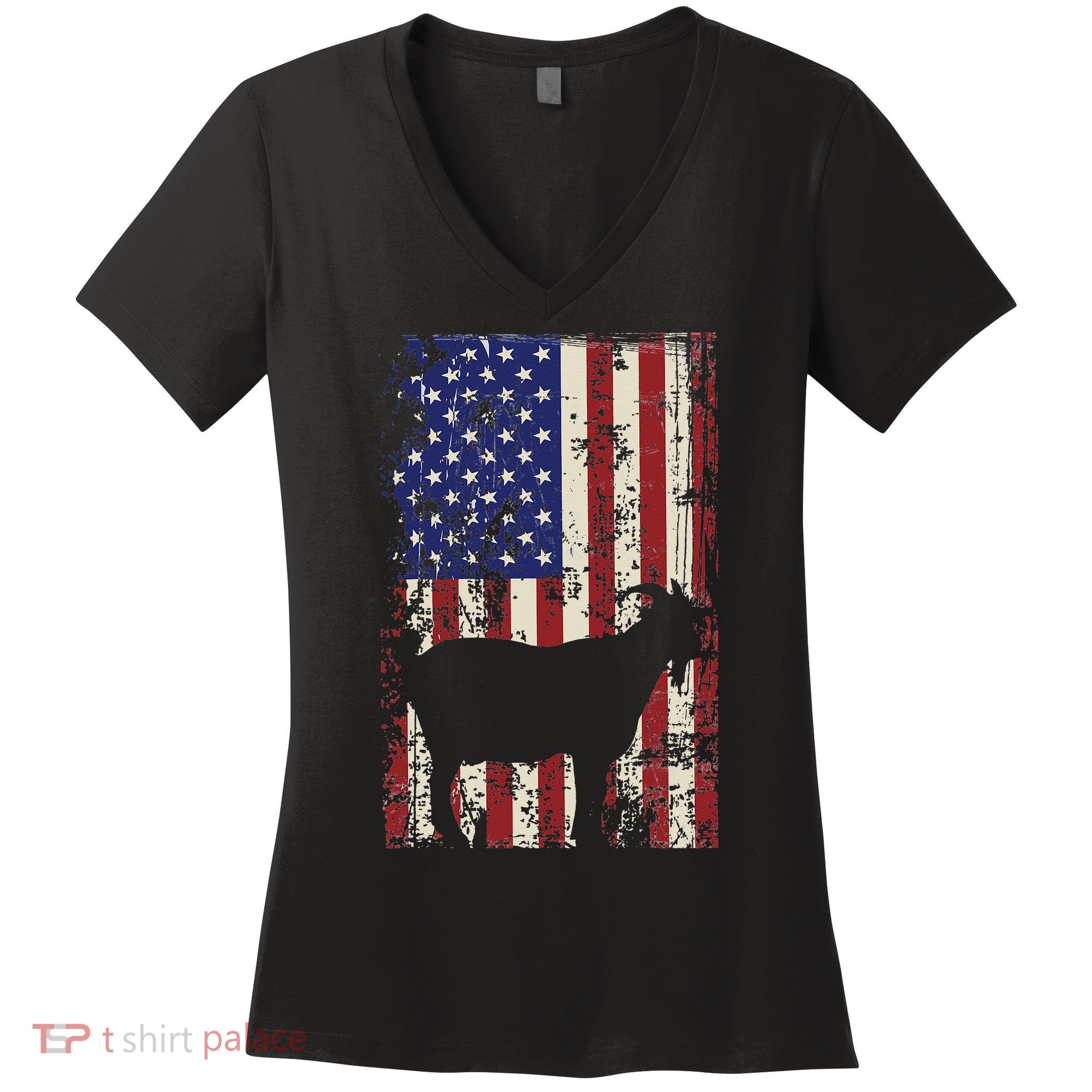 Patriotic Goat 4th of July American Flag Women's V-Neck T-Shirt
