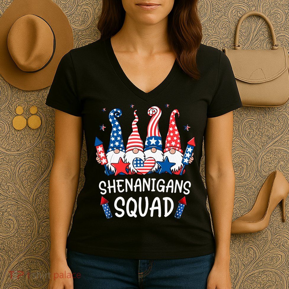 Patriotic Gnomes 4th Of July Funny Shenanigans Squad Women's V-Neck T-Shirt