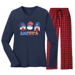 Patriotic Gnomes 4th Of July Funny Gnome Love American Flag Women's Long Sleeve Flannel Pajama Set 