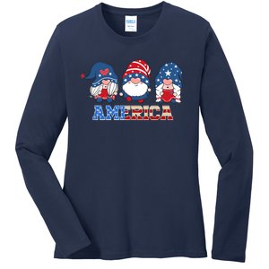 Patriotic Gnomes 4th Of July Funny Gnome Love American Flag Ladies Long Sleeve Shirt