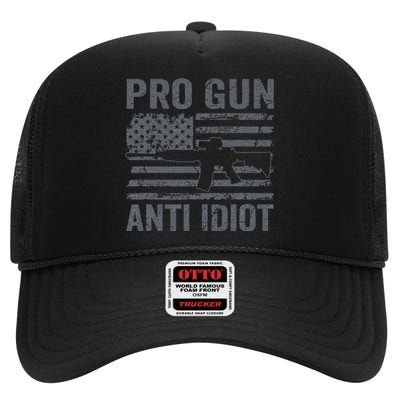 Pro Gun Anti Idiot Second Amendment AR15 Rifle USA Flag High Crown Mesh Back Trucker Hat