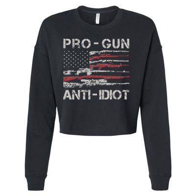 Pro Gun Anti Idiot Vintage USA Flag 2nd Amendment Cropped Pullover Crew