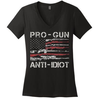 Pro Gun Anti Idiot Vintage USA Flag 2nd Amendment Women's V-Neck T-Shirt