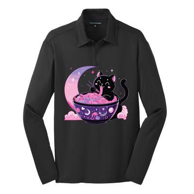 Pastel Goth Aesthetic Kawaii Cat Eating Ramen Noodles Silk Touch Performance Long Sleeve Polo