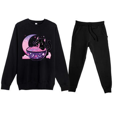 Pastel Goth Aesthetic Kawaii Cat Eating Ramen Noodles Premium Crewneck Sweatsuit Set