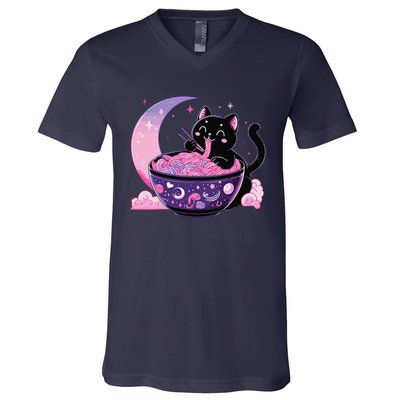 Pastel Goth Aesthetic Kawaii Cat Eating Ramen Noodles V-Neck T-Shirt