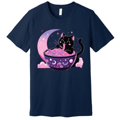 Pastel Goth Aesthetic Kawaii Cat Eating Ramen Noodles Premium T-Shirt