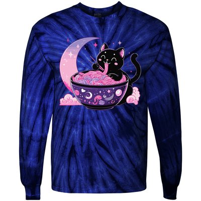 Pastel Goth Aesthetic Kawaii Cat Eating Ramen Noodles Tie-Dye Long Sleeve Shirt