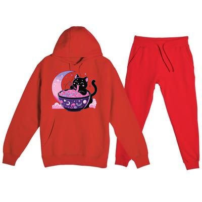 Pastel Goth Aesthetic Kawaii Cat Eating Ramen Noodles Premium Hooded Sweatsuit Set