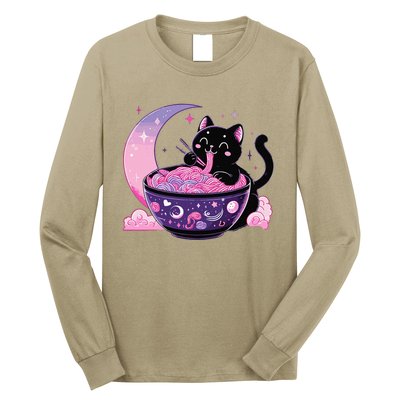 Pastel Goth Aesthetic Kawaii Cat Eating Ramen Noodles Long Sleeve Shirt