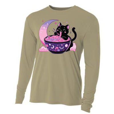 Pastel Goth Aesthetic Kawaii Cat Eating Ramen Noodles Cooling Performance Long Sleeve Crew