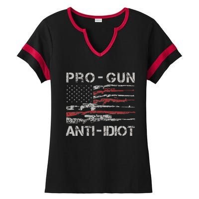 Pro Gun Anti Idiot Vintage Usa Flag 2nd Amendment Ladies Halftime Notch Neck Tee