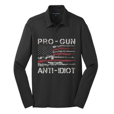 Pro Gun Anti Idiot Vintage Usa Flag 2nd Amendment Silk Touch Performance Long Sleeve Polo