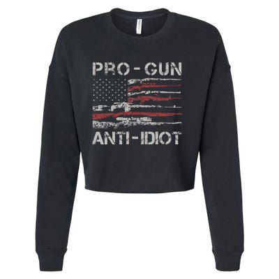 Pro Gun Anti Idiot Vintage Usa Flag 2nd Amendment Cropped Pullover Crew