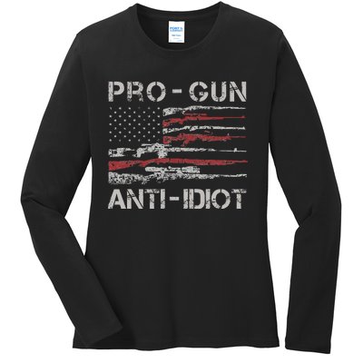 Pro Gun Anti Idiot Vintage Usa Flag 2nd Amendment Ladies Long Sleeve Shirt