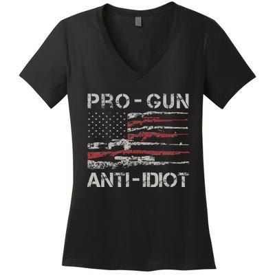 Pro Gun Anti Idiot Vintage Usa Flag 2nd Amendment Women's V-Neck T-Shirt