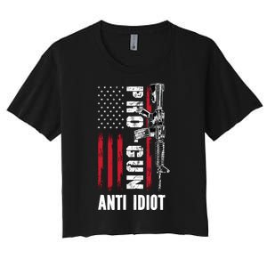 Pro Gun Anti Idiot American Flag Ar15 Women's Crop Top Tee