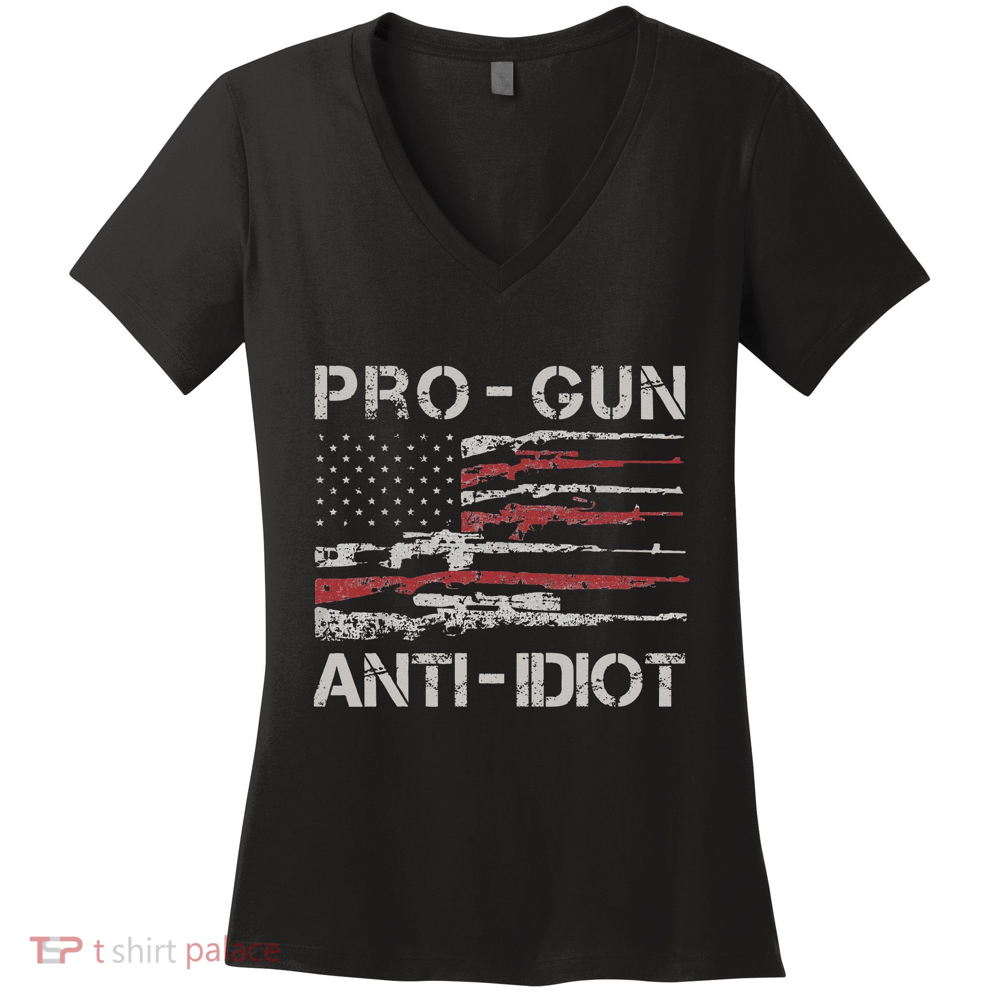 Pro Gun Anti Idiot Vintage USA Flag 2nd Amendment Women's V-Neck T-Shirt