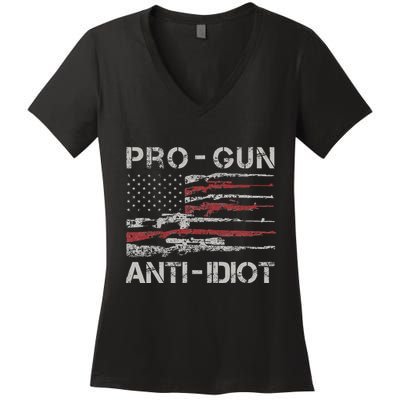 Pro Gun Anti Idiot Vintage Usa Flag 2nd Amendment Women's V-Neck T-Shirt
