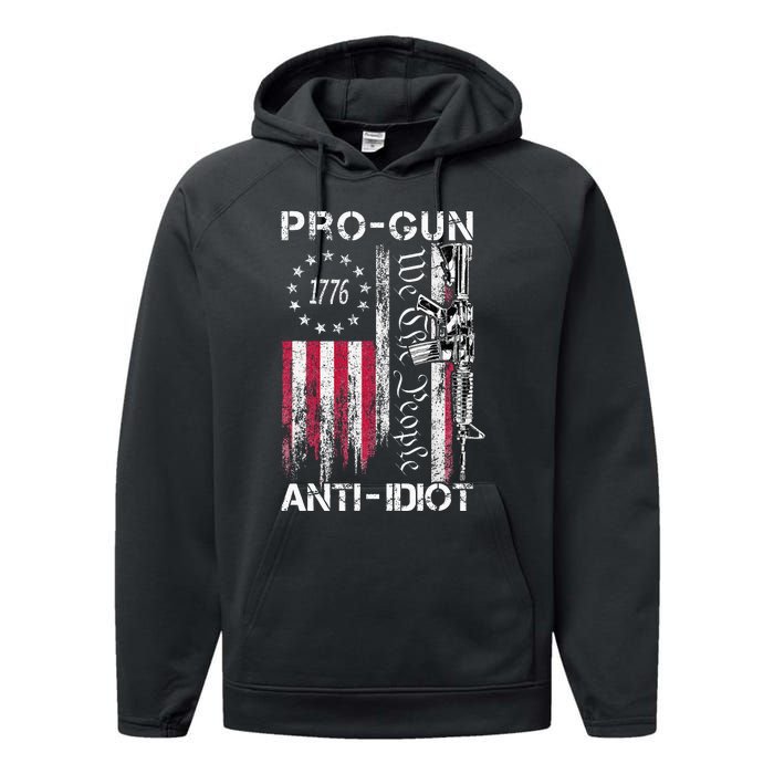 Pro Gun Anti Idiot Vintage Usa Flag 2nd Amendment Performance Fleece Hoodie