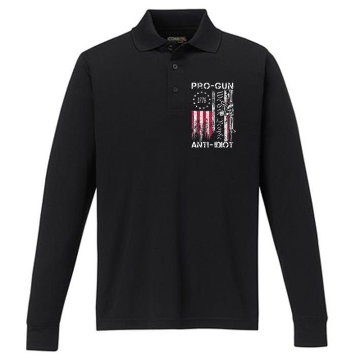 Pro Gun Anti Idiot Vintage Usa Flag 2nd Amendment Performance Long Sleeve Polo