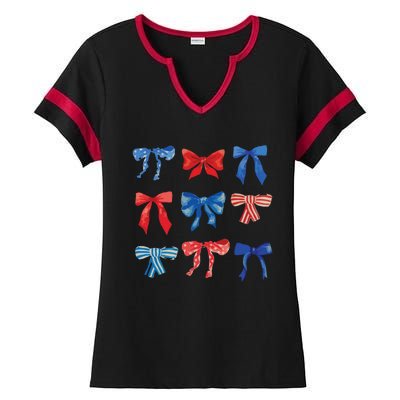 Patriotic Girl Boho Coquette Bows Ladies Halftime Notch Neck Tee