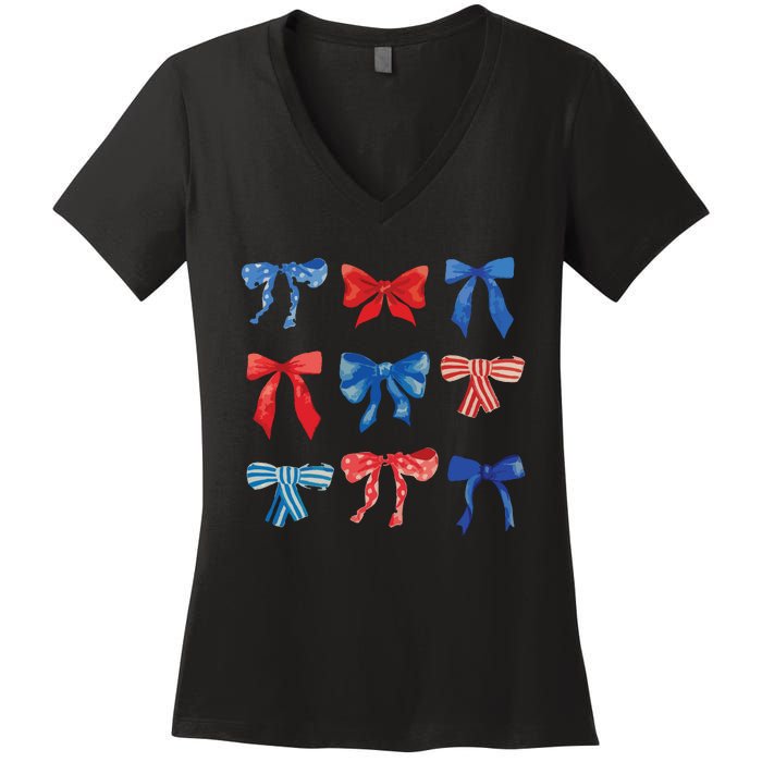 Patriotic Girl Boho Coquette Bows Women's V-Neck T-Shirt