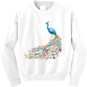 Peacock Graphic Blue Teal Floral Tail Feathers Bird Lover  Kids Sweatshirt