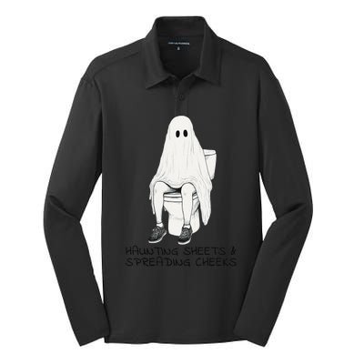 Pooping Ghost Bathroom Graphic Funny Embarrassing Halloween Silk Touch Performance Long Sleeve Polo