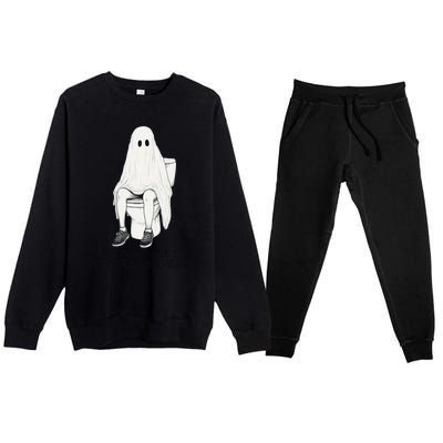 Pooping Ghost Bathroom Graphic Funny Embarrassing Halloween Premium Crewneck Sweatsuit Set