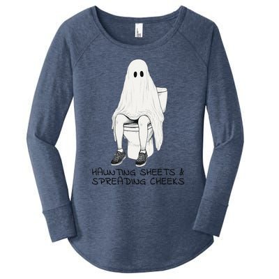 Pooping Ghost Bathroom Graphic Funny Embarrassing Halloween Women's Perfect Tri Tunic Long Sleeve Shirt