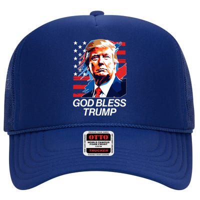 Patriotic God Bless Trump High Crown Mesh Back Trucker Hat