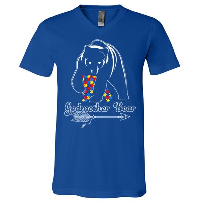 Proud Godmother Bear Autism Awareness Month Autistic Support Gift V-Neck T-Shirt