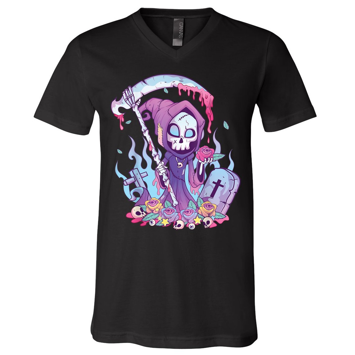 Pastel Goth Creepy Death Grim Reaper Kawaii Occult Menhera V-Neck T-Shirt