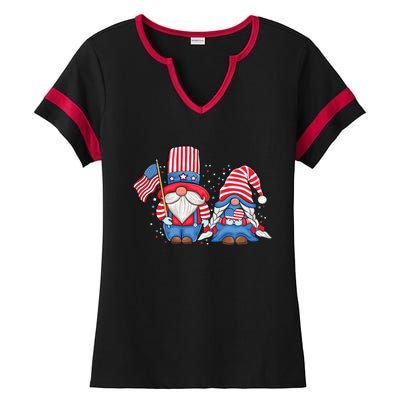 Patriotic Gnome Couple Usa American Flag 4th Of July Gnomes Gift Ladies Halftime Notch Neck Tee