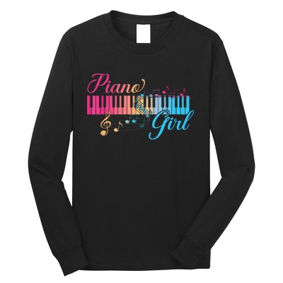 Piano Girl Colorful Keyboard Graphic Musical Notes Cute Long Sleeve Shirt