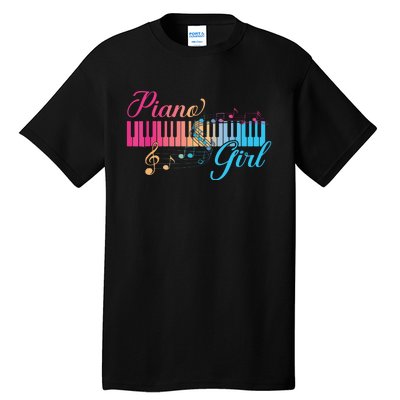 Piano Girl Colorful Keyboard Graphic Musical Notes Cute Tall T-Shirt