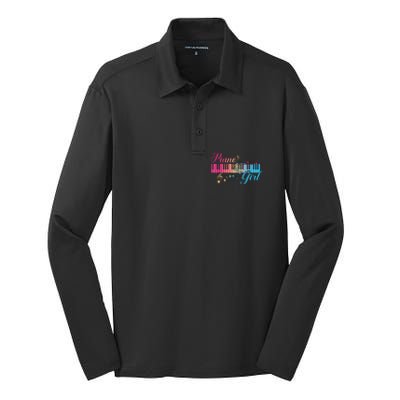 Piano Girl Colorful Keyboard Graphic Musical Notes Cute Silk Touch Performance Long Sleeve Polo