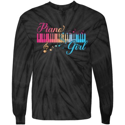 Piano Girl Colorful Keyboard Graphic Musical Notes Cute Tie-Dye Long Sleeve Shirt