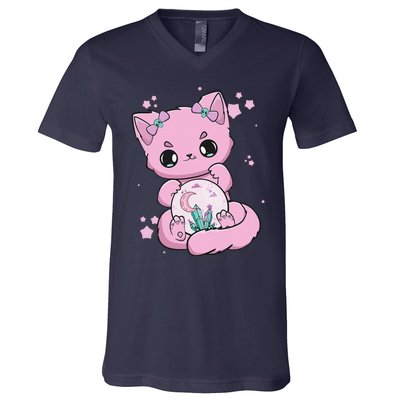 Pastel Goth Cat With Glass Ball Yami Kawaii V-Neck T-Shirt