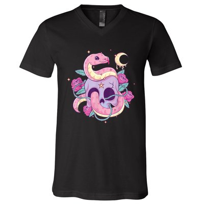 Pastel Goth Creepy Skull Serpent Snake Kawaii Emo Nu Goth V-Neck T-Shirt