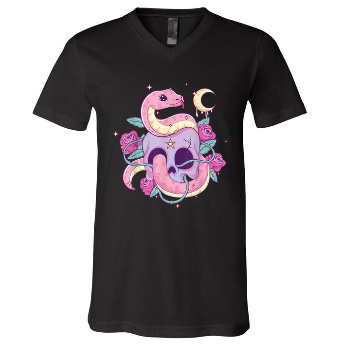 Pastel Goth Creepy Skull Serpent Snake Kawaii Emo Nu Goth V-Neck T-Shirt