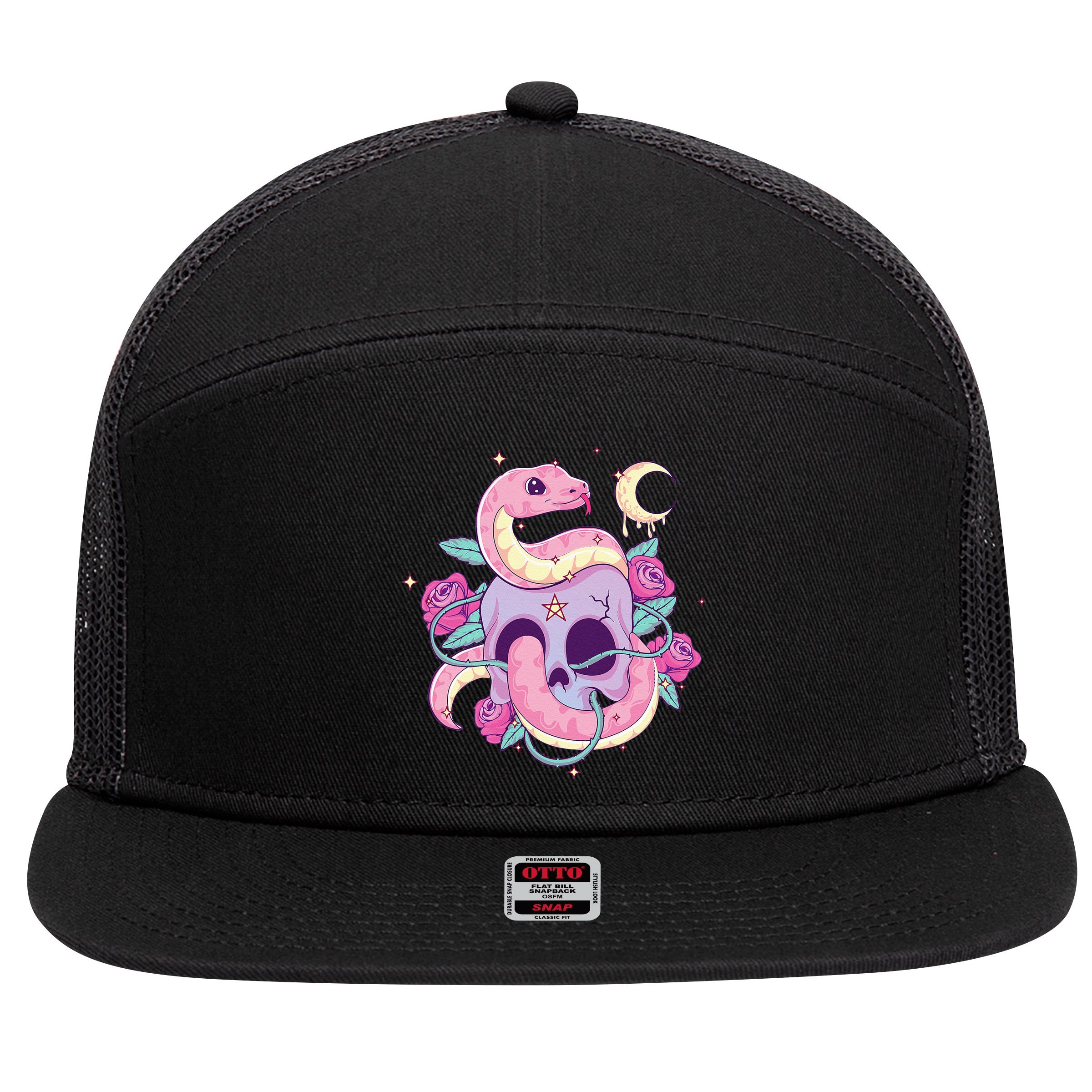 Pastel Goth Creepy Skull Serpent Snake Kawaii Emo Nu Goth 7 Panel Mesh Trucker Snapback Hat